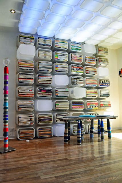 Isn't this fabulous? Fabric storage -Ikea . Could use any storage bin and screw to a wall. Also smaller bins for scrapbook papers, to stack bead organizers, or whatever else you need. This looks so cool!