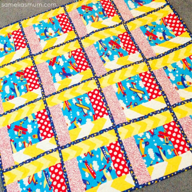Baby Boy Quilt with Airplane Fabric, Spots and Chevrons