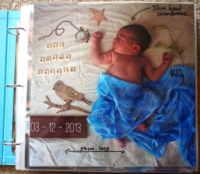 scrapbooking birth photos and stories in your child's baby scrapbook - announcement photo